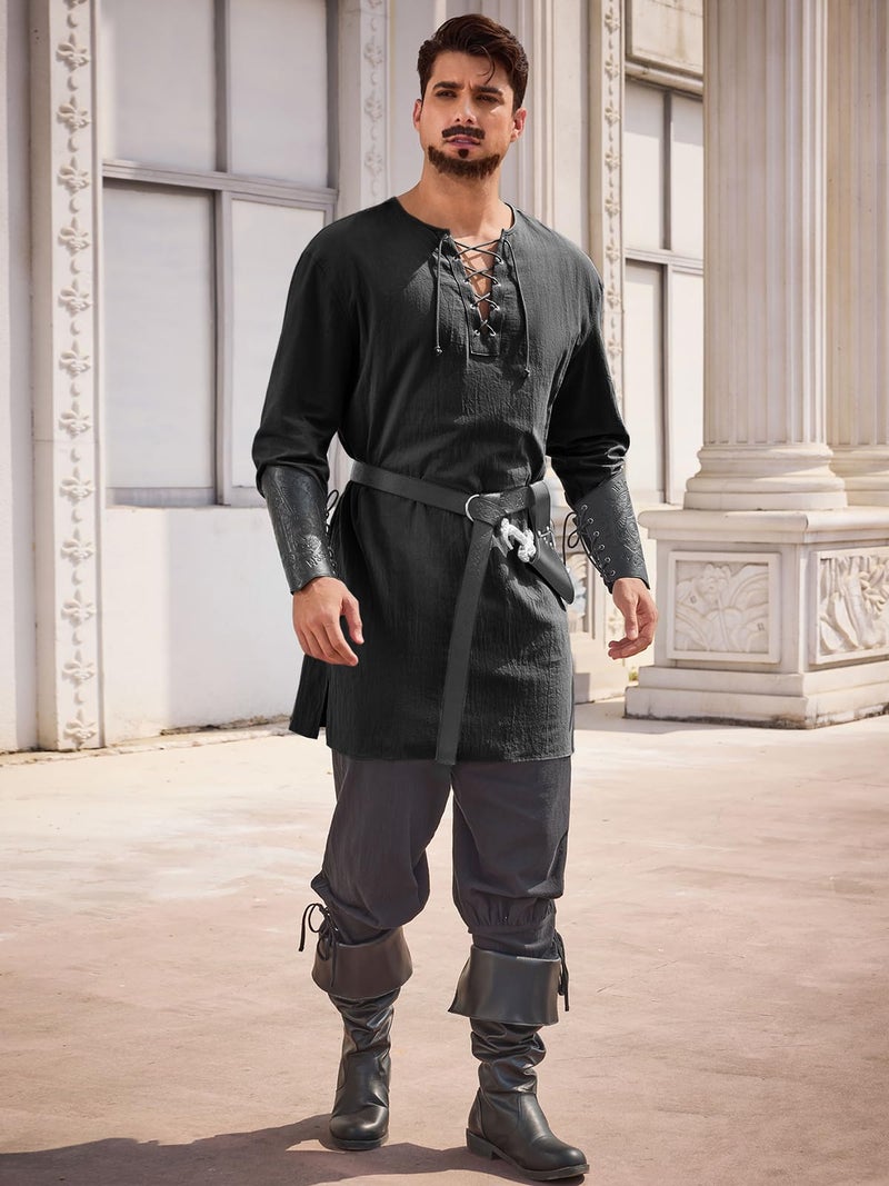 Runcati Mens Medieval Pirate Costume Tunic Renaissance Viking Lace Up Cotton Shirts Knight Warrior LARP Halloween Tops - Image 4