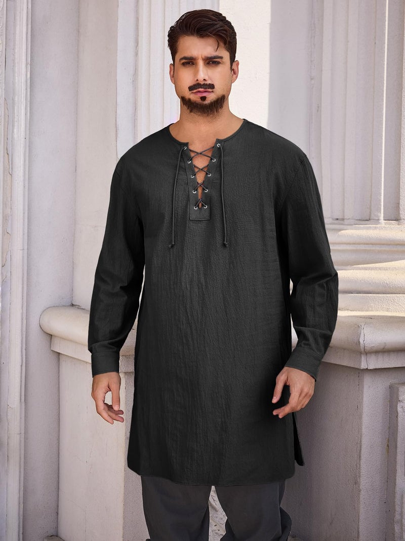 Runcati Mens Medieval Pirate Costume Tunic Renaissance Viking Lace Up Cotton Shirts Knight Warrior LARP Halloween Tops - Image 2