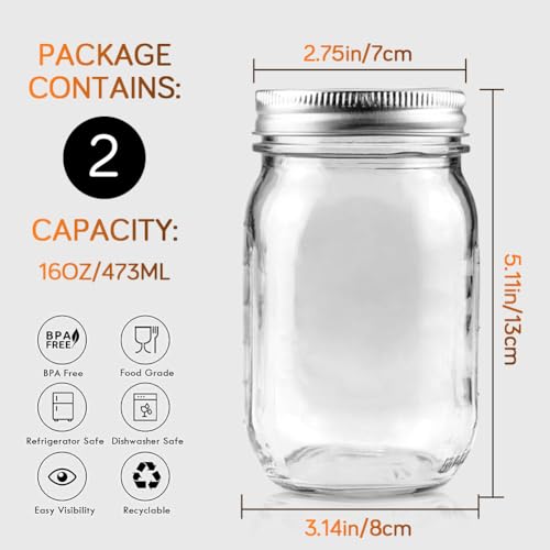 Showvigor 2 Pack Regular Mouth Mason Jars 16oz Glass Canning Jars with Airtight Lids for Preserving Jam Honey Jelly Wedding Favors Sauces Meal Prep Overnight Oats Salad - Image 3