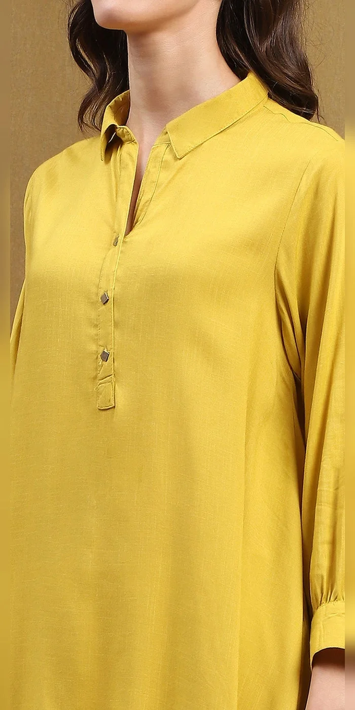 Biba  Women Mustard Yellow Solid Asymmetric Short Kurta  | Best Price UAE
