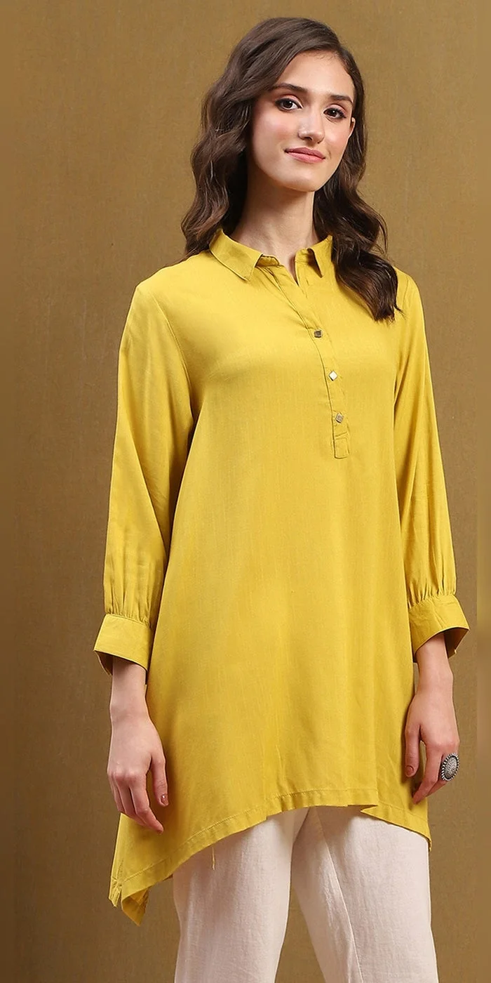 Women Mustard Yellow Solid Asymmetric Short Kurta