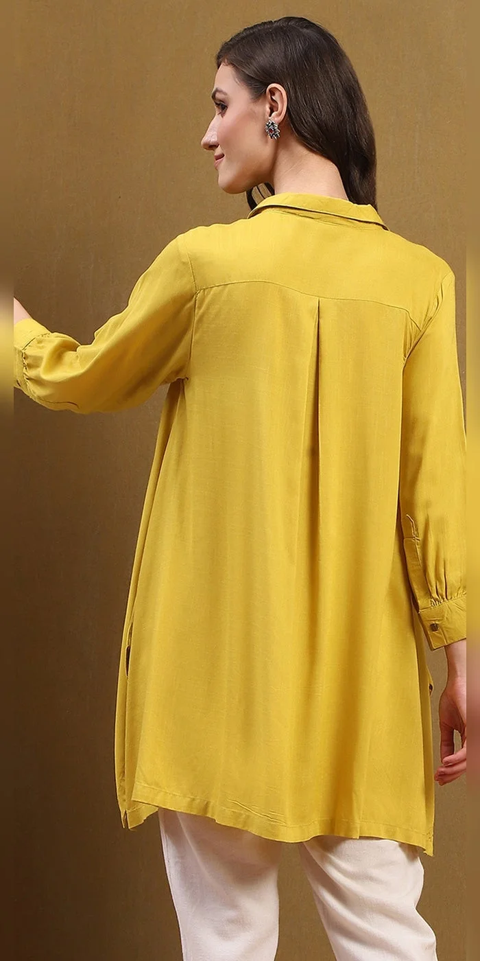 Biba  Women Mustard Yellow Solid Asymmetric Short Kurta  | Best Price UAE