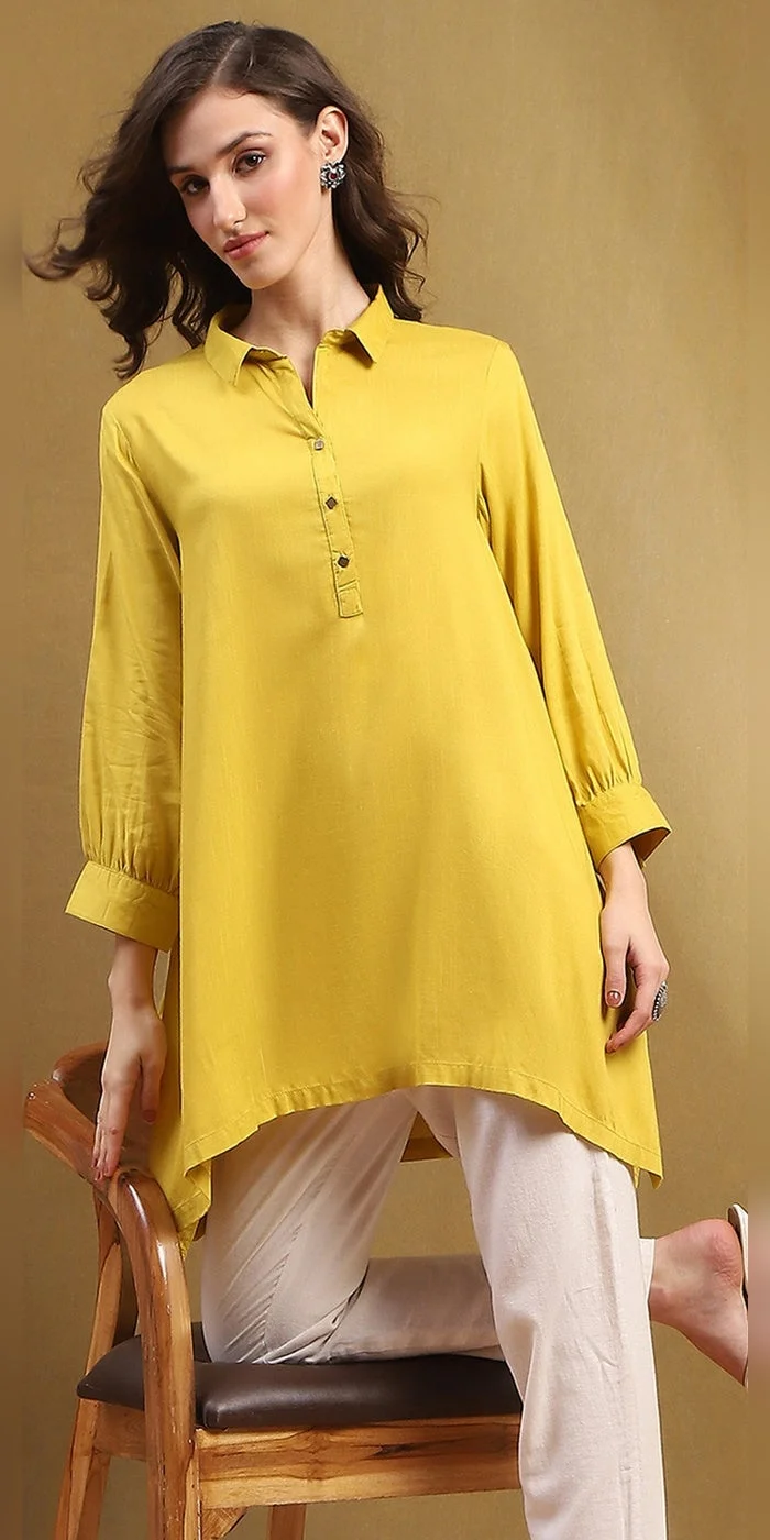Biba  Women Mustard Yellow Solid Asymmetric Short Kurta  | Best Price UAE