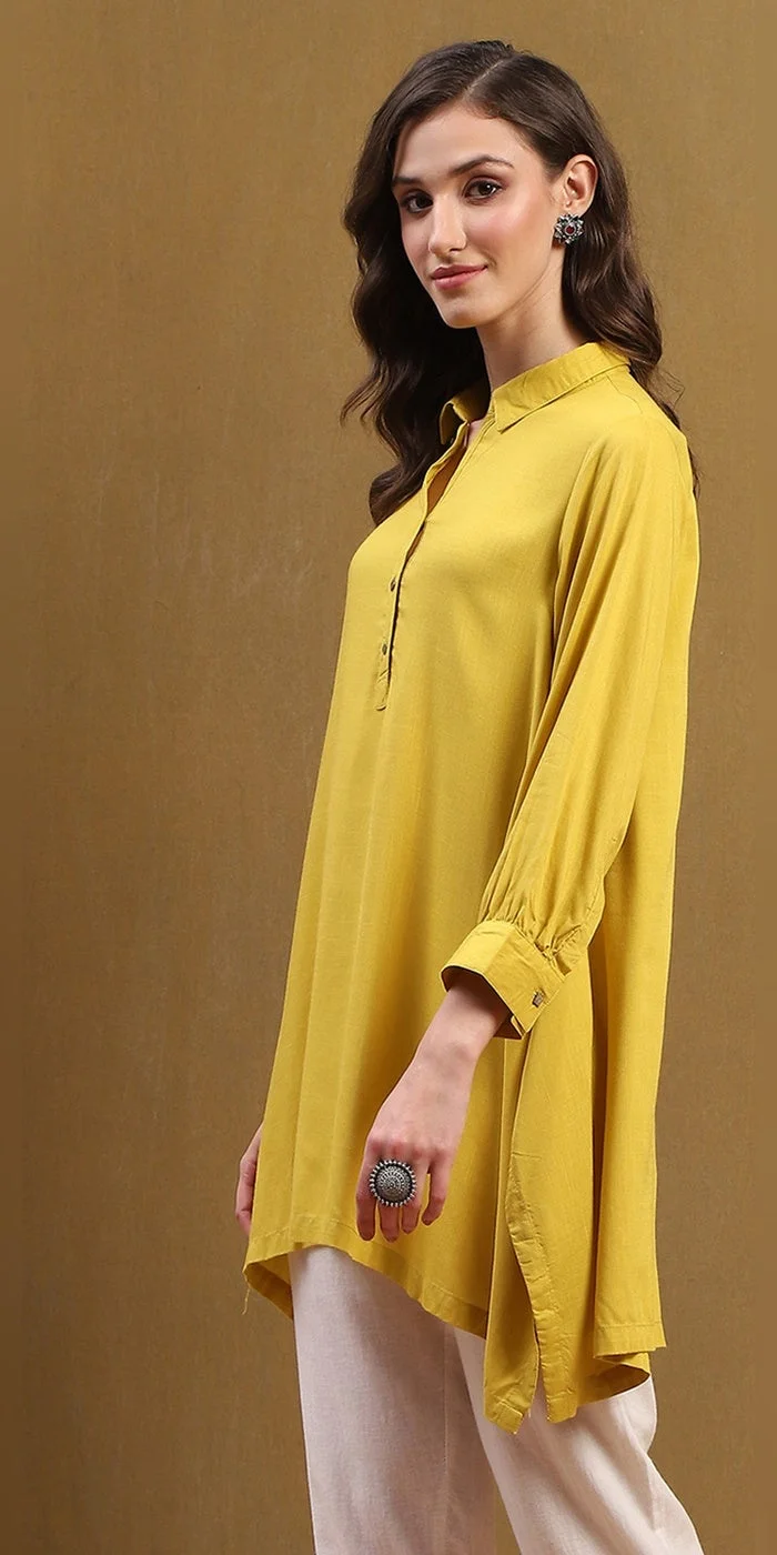 Biba  Women Mustard Yellow Solid Asymmetric Short Kurta  | Best Price UAE