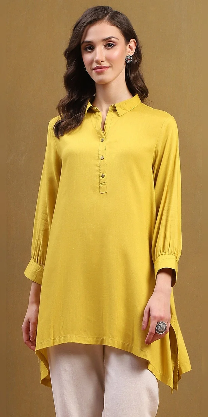 Biba  Women Mustard Yellow Solid Asymmetric Short Kurta  | Best Price UAE