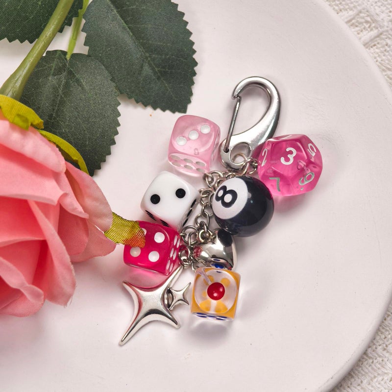 Nalefow Y2K Keychain for Women, 8 Ball Dice Charm with Carabiner Clip - Cute Goth Core Keychain Bag Charm for Keys Bags Jeans (Pink Dice Star) - Image 2