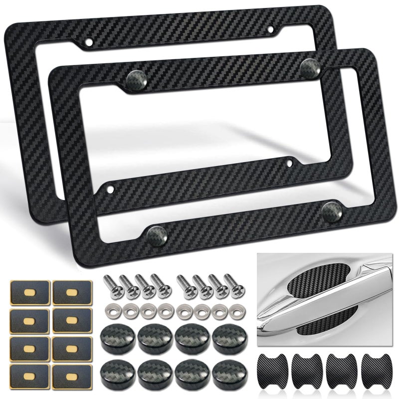 FBJTDQ Carbon Fiber License Plate Frames- Black Carbon Pattern Plastic Front & Rear Car Tag Holder Cover 2 Pack with Mount Hardware, Screws, Caps, Handlebar Stickers - Image 1