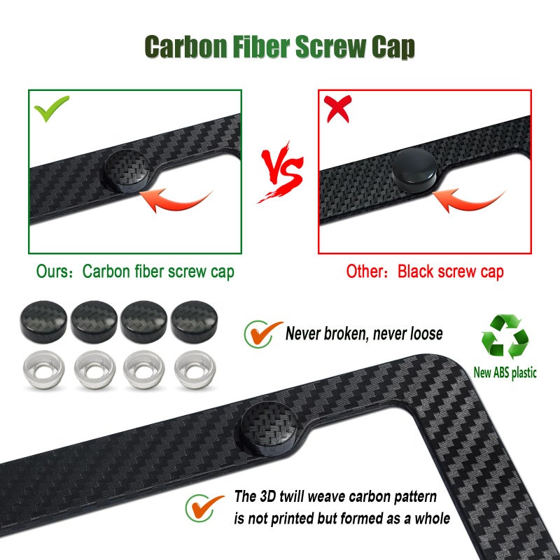 FBJTDQ Carbon Fiber License Plate Frames- Black Carbon Pattern Plastic Front & Rear Car Tag Holder Cover 2 Pack with Mount Hardware, Screws, Caps, Handlebar Stickers - Image 4