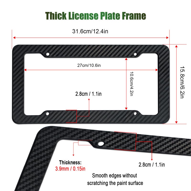 FBJTDQ Carbon Fiber License Plate Frames- Black Carbon Pattern Plastic Front & Rear Car Tag Holder Cover 2 Pack with Mount Hardware, Screws, Caps, Handlebar Stickers - Image 2