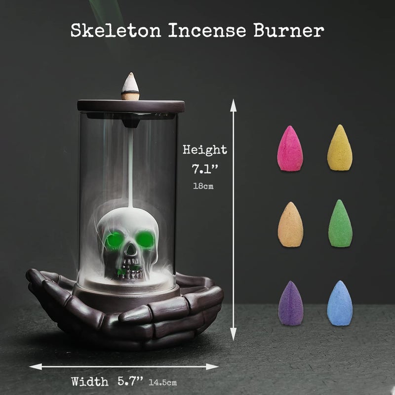 HaisWonsa Skull Incense Burner Holder - Backflow Waterfall , LED Ceramic Unique Skeleton Incense Burner with 15 Incense Cones for Halloween/Aromatherapy/Yoga/Home/Room/Office Deco - Image 5