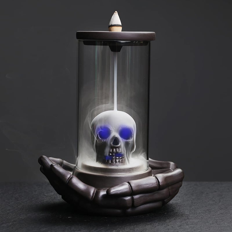 HaisWonsa Skull Incense Burner Holder - Backflow Waterfall , LED Ceramic Unique Skeleton Incense Burner with 15 Incense Cones for Halloween/Aromatherapy/Yoga/Home/Room/Office Deco - Image 1