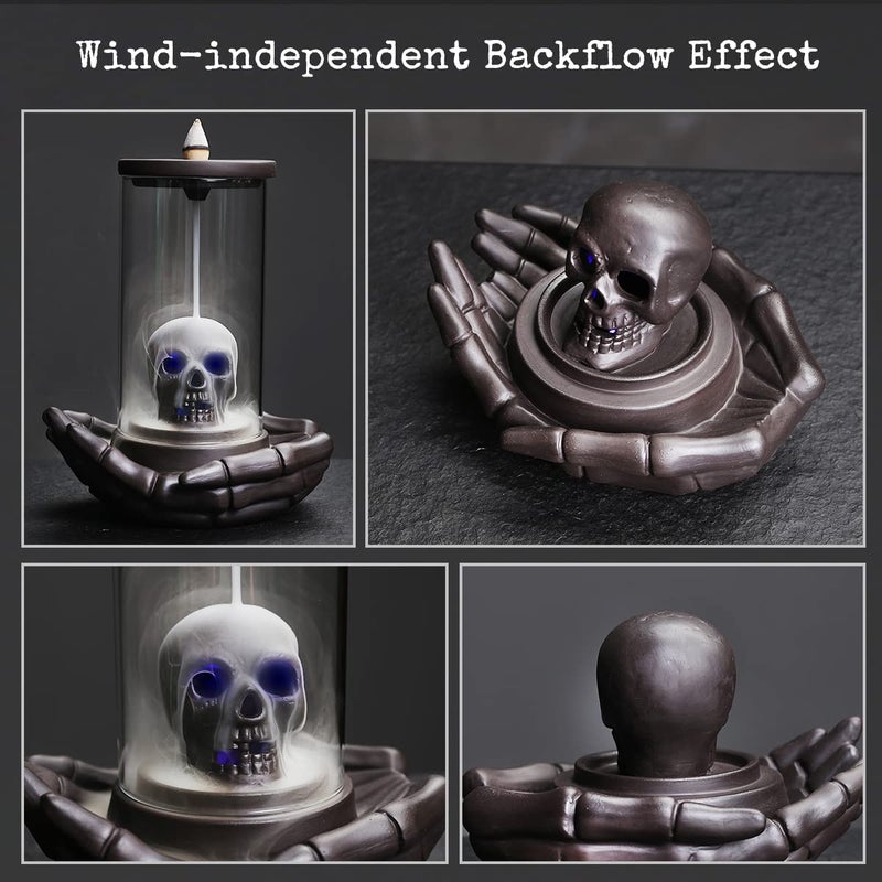 HaisWonsa Skull Incense Burner Holder - Backflow Waterfall , LED Ceramic Unique Skeleton Incense Burner with 15 Incense Cones for Halloween/Aromatherapy/Yoga/Home/Room/Office Deco - Image 3