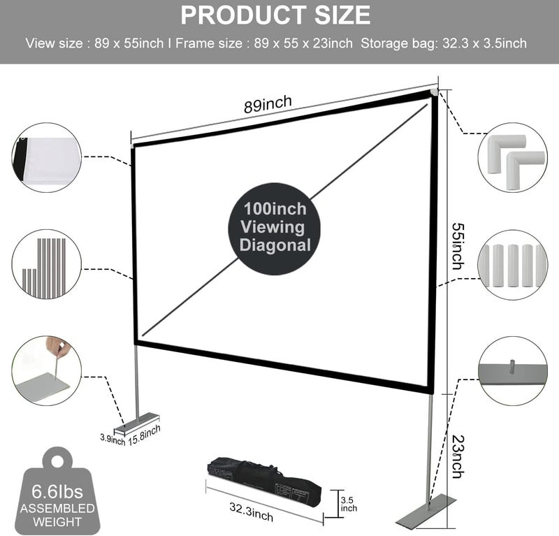 SKERELL Outdoor Projector Screen with Stand 100 Inch: Portable Projection Screen for Outside Theater Home Backyard Movies - Image 3