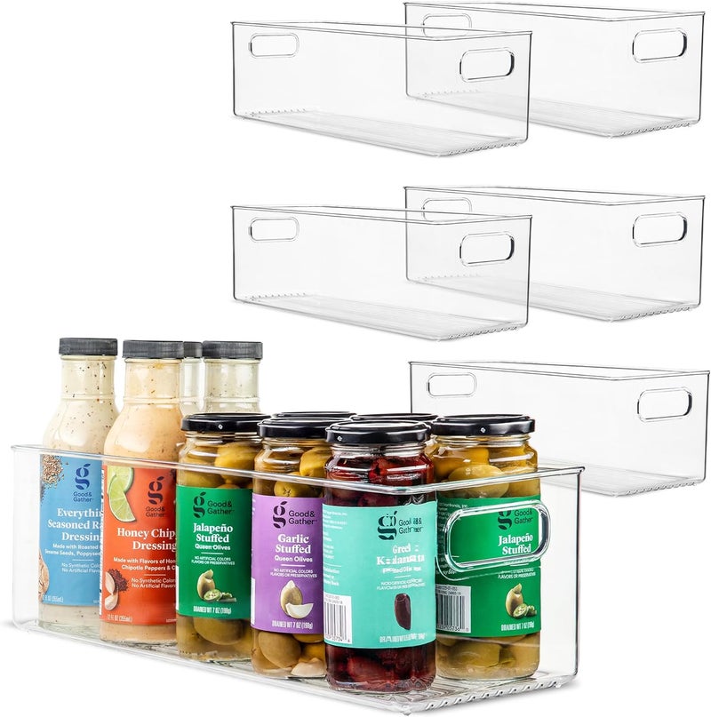 PrimeBox Plastic Food Storage 6 Pack Clear Container Bin with Handles for Organizing Kitchen, Pantry, Fridge, Freezer, Pantry, Bathroom. 14"x6"5" - Image 1