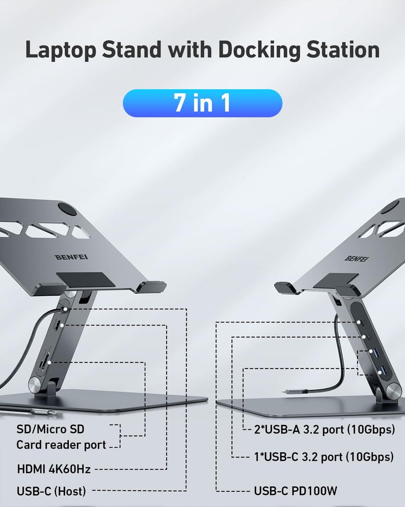 BENFEI Laptop Stand with USB C 7in1 Docking Station,HDMI 4K@60Hz,1*SD 1*Micro SD,100W Power Delivery,10Gbps 1*USB C 3.2 and 2*USB A 3.2 Compatible with MacBook Pro/Air, iPad Pro, XPS, Thinkpad - Image 2