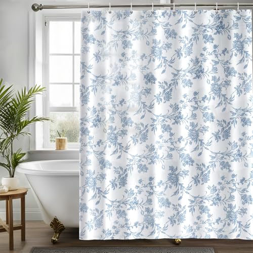 Seorsok Sage Blue Shower CurtainCotton Floral CottagecoreElegant Floral Fabric Shower Curtain Machine Washable Waterproof Bathroom Decor 72x72 inches - Image 3