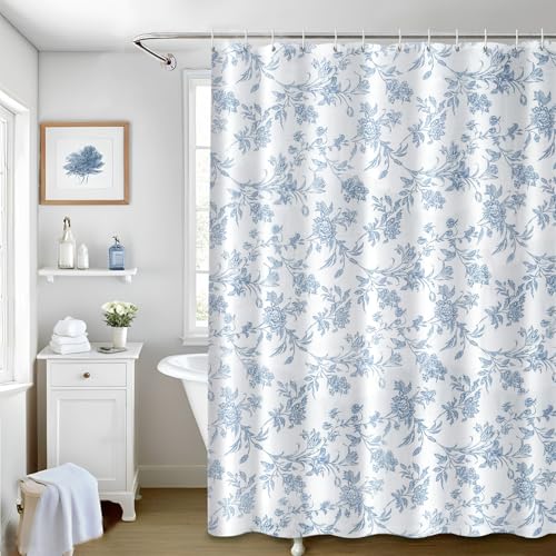 Seorsok Sage Blue Shower CurtainCotton Floral CottagecoreElegant Floral Fabric Shower Curtain Machine Washable Waterproof Bathroom Decor 72x72 inches - Image 1