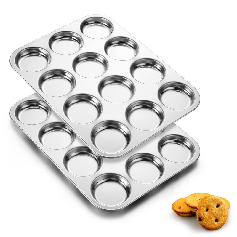 E-far Efar Muffin Top Pan 12Cavity Stainless Steel Shallow Cupcake Pan for Yorkshire Pudding Eggs Whoopie Pie Cornbread Nontoxic Dishwasher Safe 2 Pcs - Image 2
