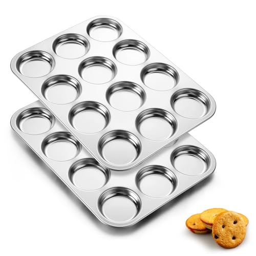 E-far Efar Muffin Top Pan 12Cavity Stainless Steel Shallow Cupcake Pan for Yorkshire Pudding Eggs Whoopie Pie Cornbread Nontoxic Dishwasher Safe 2 Pcs - Image 1