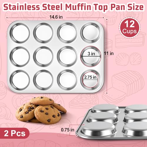 E-far Efar Muffin Top Pan 12Cavity Stainless Steel Shallow Cupcake Pan for Yorkshire Pudding Eggs Whoopie Pie Cornbread Nontoxic Dishwasher Safe 2 Pcs - Image 3