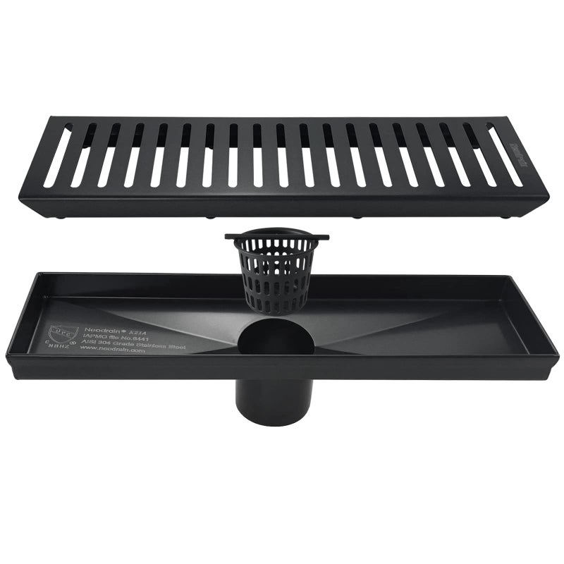 Neodrain Professional Black 24Inch Linear Shower Drain Manufacturer with Removable Capsule Pattern Grate 304 Stainless Steel Rectangle Shower Floor Drain Adjustable Leveling FeetHair Strainer