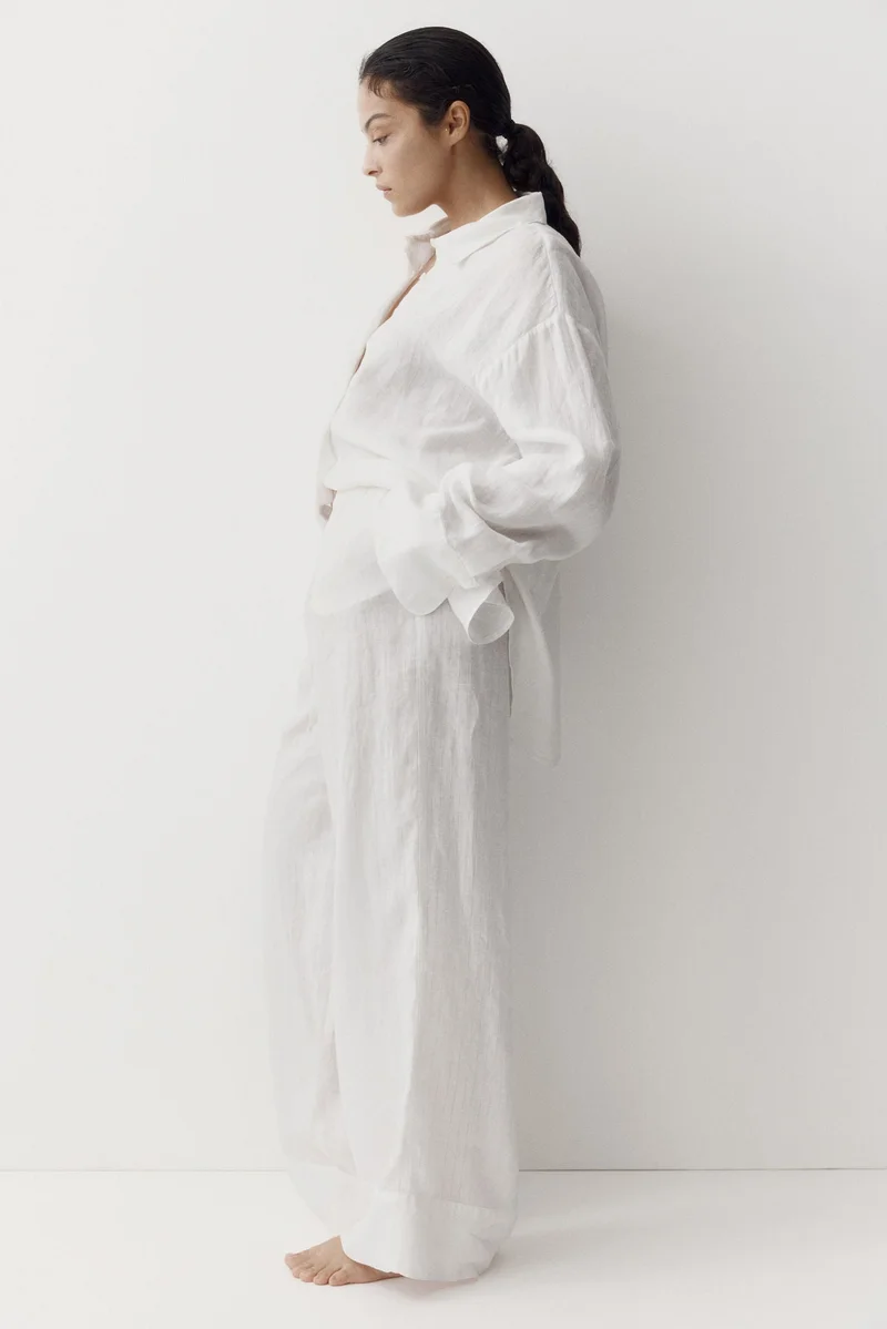 اتش اند ام بنطلون واسع من الكتان