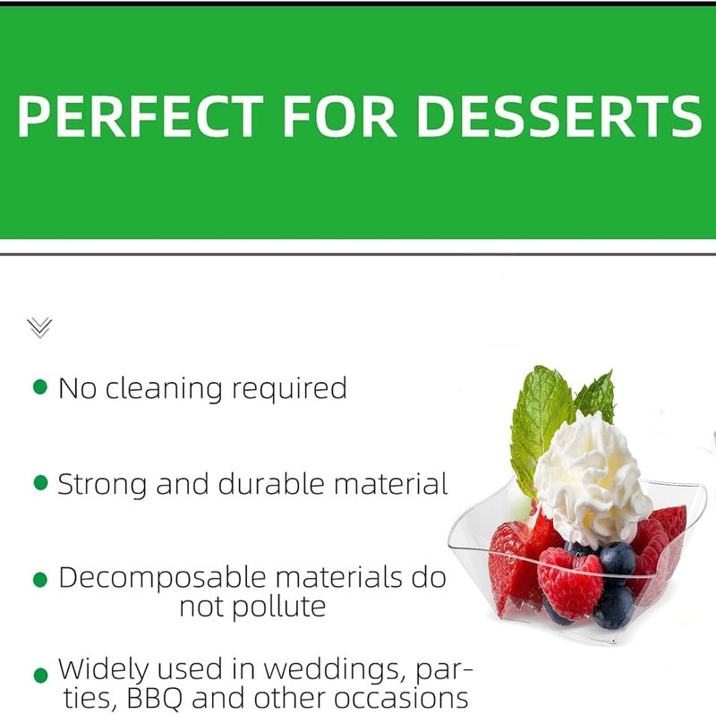PLAZOTTA 150 Pack 5 oz Clear Plastic Dessert Cups with 150 Tasting Spoons Square Parfait Appetizer Plates Bowls for Party Weddings - Image 3