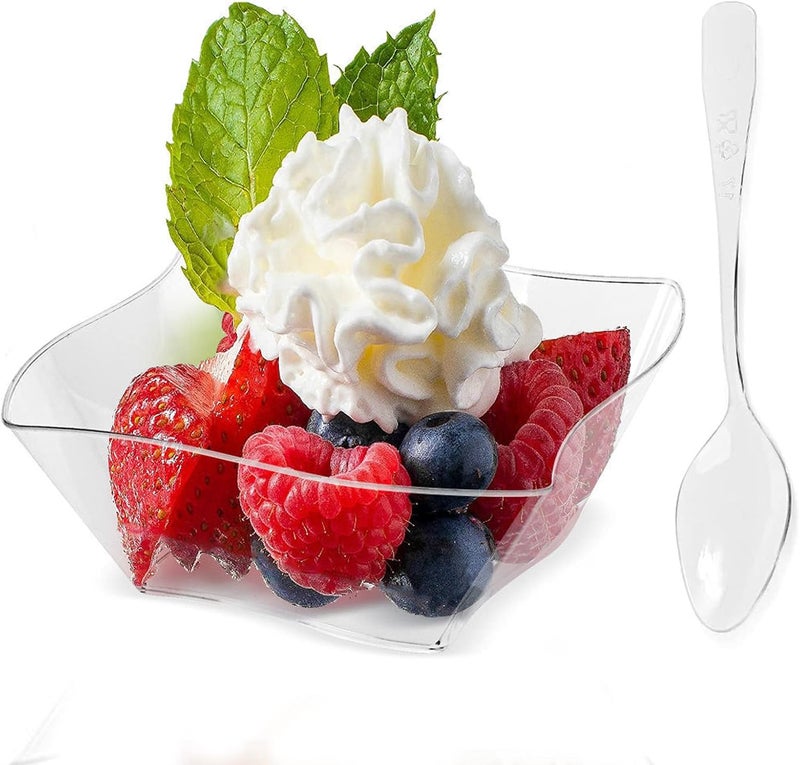 PLAZOTTA 150 Pack 5 oz Clear Plastic Dessert Cups with 150 Tasting Spoons Square Parfait Appetizer Plates Bowls for Party Weddings - Image 1