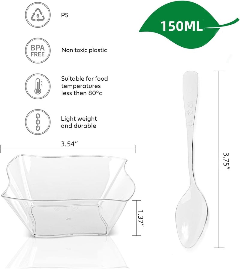 PLAZOTTA 150 Pack 5 oz Clear Plastic Dessert Cups with 150 Tasting Spoons Square Parfait Appetizer Plates Bowls for Party Weddings - Image 2