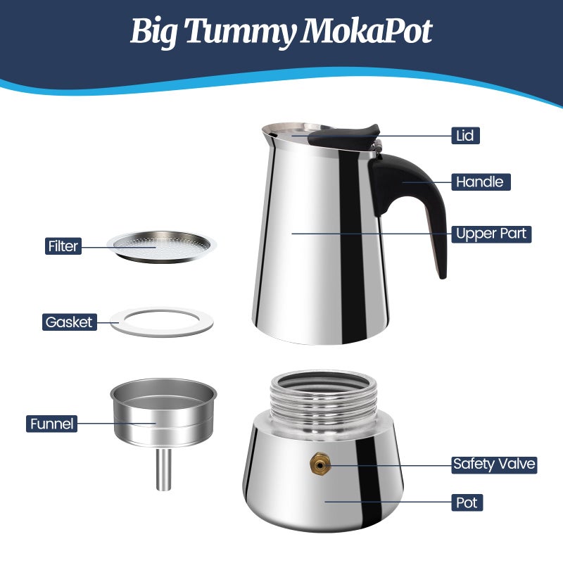 Supvision 2 Cup Moka Pot Stainless Steel 100ml Italian Espresso Coffee Maker Stovetop CoffeeMakers Mocha Pot Percolator for Induction Stove Classic Cafe Makers Portable for Easy Brewing Tummy - Image 3