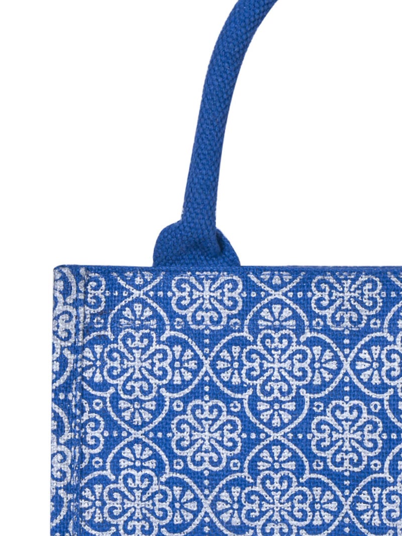 Jute Cottage Eco-Friendly Lunch & Grocery Bag for Men & Women | 10x10x7 in Blue Jute with Mughal Print & Zip | Handcrafted Sustainable Tiffin & Carry Tote for Office, Travel, Daily Use - Image 3