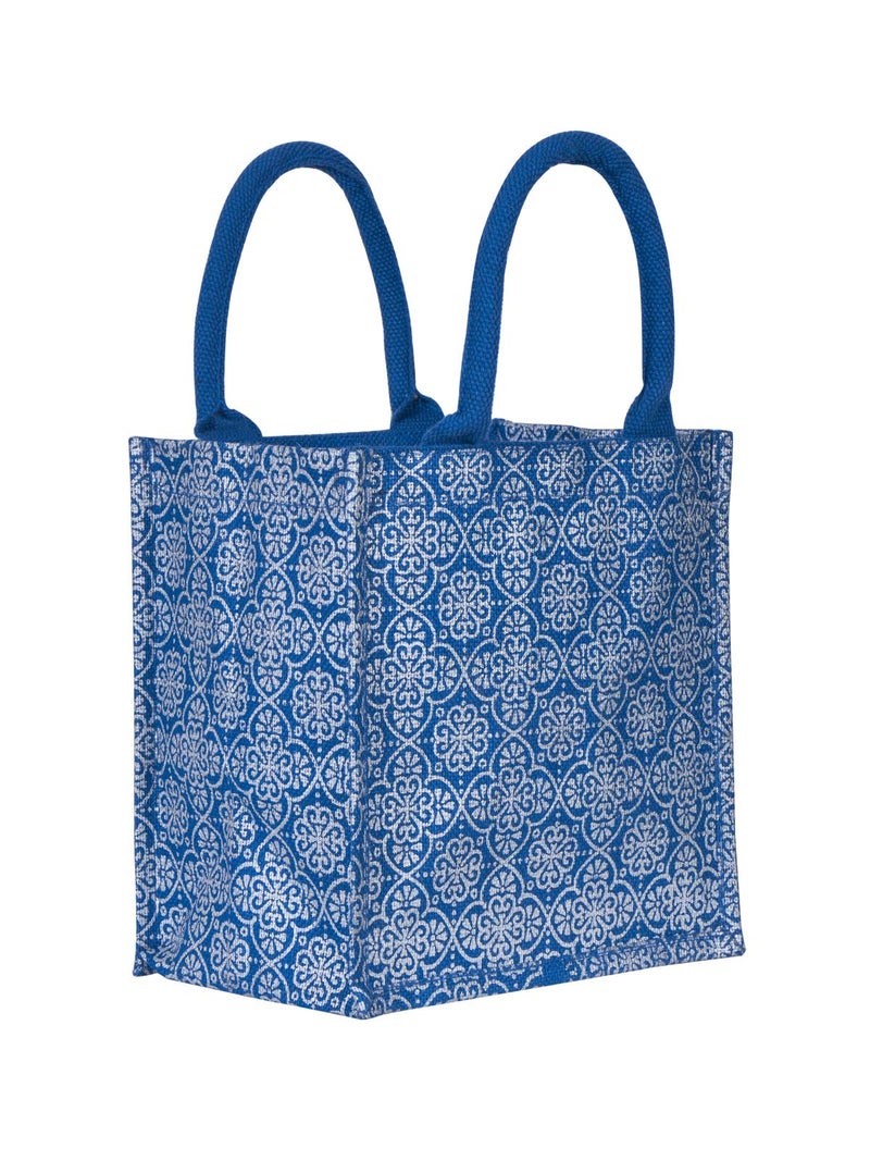 Jute Cottage Eco-Friendly Lunch & Grocery Bag for Men & Women | 10x10x7 in Blue Jute with Mughal Print & Zip | Handcrafted Sustainable Tiffin & Carry Tote for Office, Travel, Daily Use - Image 1