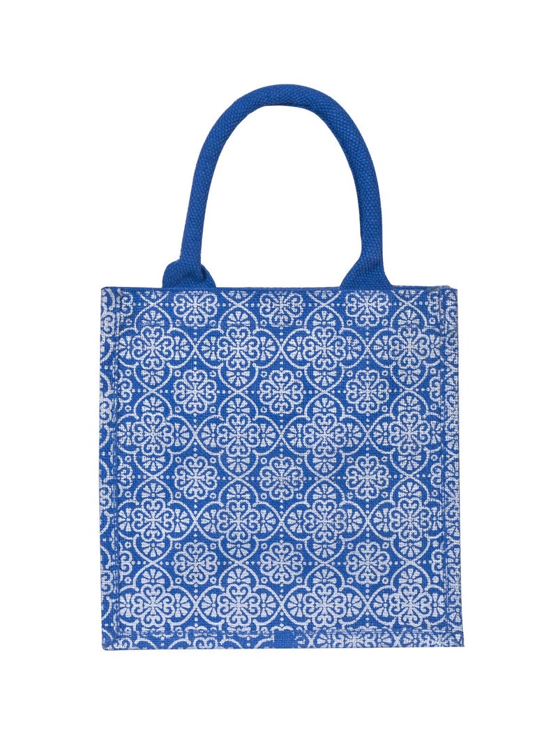 Jute Cottage Eco-Friendly Lunch & Grocery Bag for Men & Women | 10x10x7 in Blue Jute with Mughal Print & Zip | Handcrafted Sustainable Tiffin & Carry Tote for Office, Travel, Daily Use - Image 2