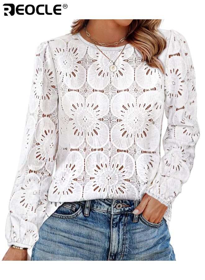ريوكل بلوزة نسائية بأكمام طويلة بتصميم دانتيل زهري مع أسلوب غير رسمي أنيق، تي شيرت عصرية مع راحة خفيفة لصيف و خريف الموضة - Image 1