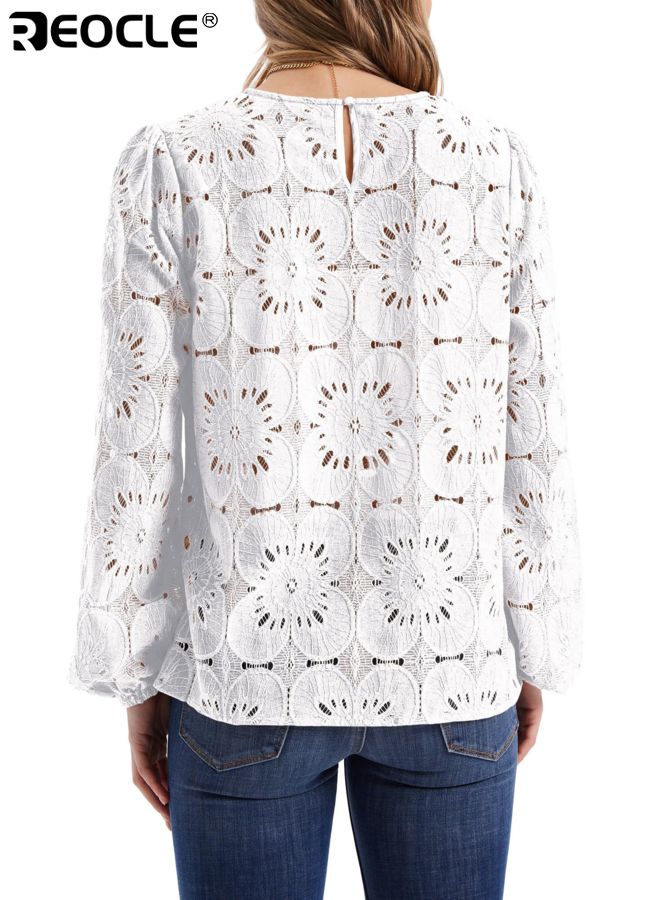 ريوكل بلوزة نسائية بأكمام طويلة بتصميم دانتيل زهري مع أسلوب غير رسمي أنيق، تي شيرت عصرية مع راحة خفيفة لصيف و خريف الموضة - Image 3