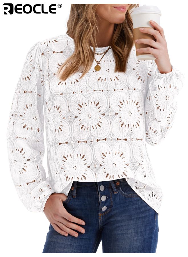 ريوكل بلوزة نسائية بأكمام طويلة بتصميم دانتيل زهري مع أسلوب غير رسمي أنيق، تي شيرت عصرية مع راحة خفيفة لصيف و خريف الموضة - Image 2