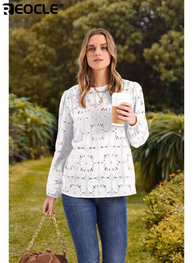ريوكل بلوزة نسائية بأكمام طويلة بتصميم دانتيل زهري مع أسلوب غير رسمي أنيق، تي شيرت عصرية مع راحة خفيفة لصيف و خريف الموضة - Image 4