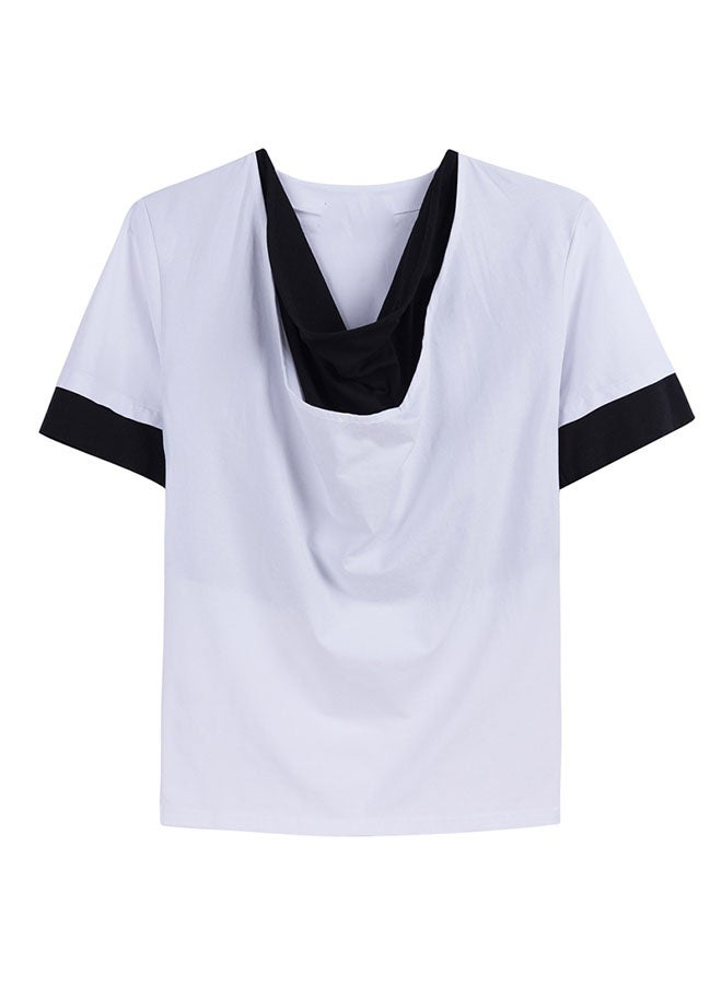 Couple summer fashion fashion drape collar stitching short-sleeved T-shirt-white - Image 1