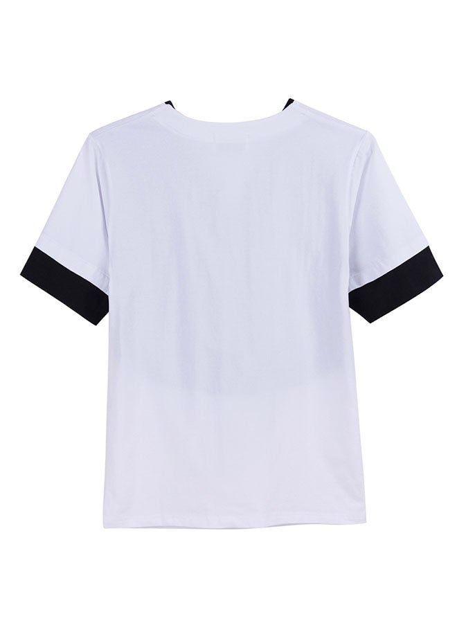 Couple summer fashion fashion drape collar stitching short-sleeved T-shirt-white - Image 2