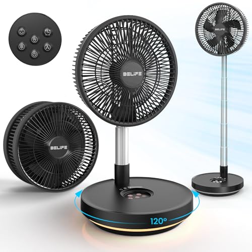 Belife X10 Portable Fan, Cordless 7200mAh Battery Operated Oscillating, USB Rechargeable Desk Floor Fan with Remote & Timer & Light, Foldable Telescopic Fan for Home Bedroom Travel Camping (Black) - Image 1