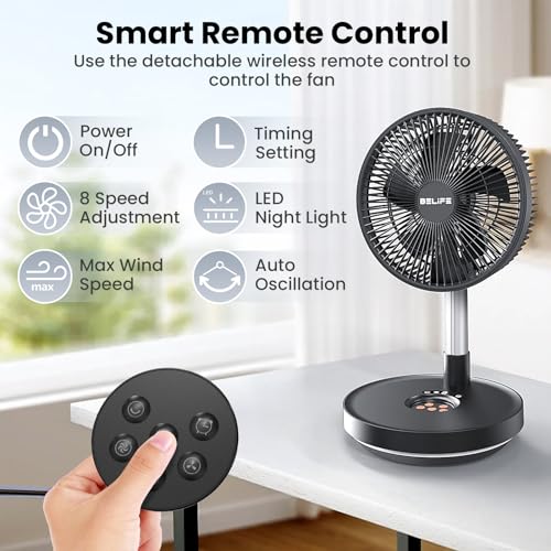 Belife X10 Portable Fan, Cordless 7200mAh Battery Operated Oscillating, USB Rechargeable Desk Floor Fan with Remote & Timer & Light, Foldable Telescopic Fan for Home Bedroom Travel Camping (Black) - Image 4