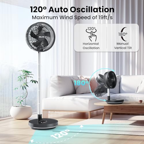 Belife X10 Portable Fan, Cordless 7200mAh Battery Operated Oscillating, USB Rechargeable Desk Floor Fan with Remote & Timer & Light, Foldable Telescopic Fan for Home Bedroom Travel Camping (Black) - Image 3