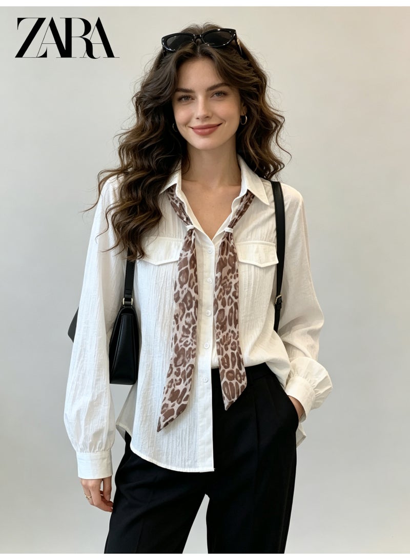 زارا قميص زارا النسائي الأبيض بأكمام طويلة مع وشاح قابل للفصل بنقش الفهد، بلوزة رسمية بلياقة عادية - Image 1
