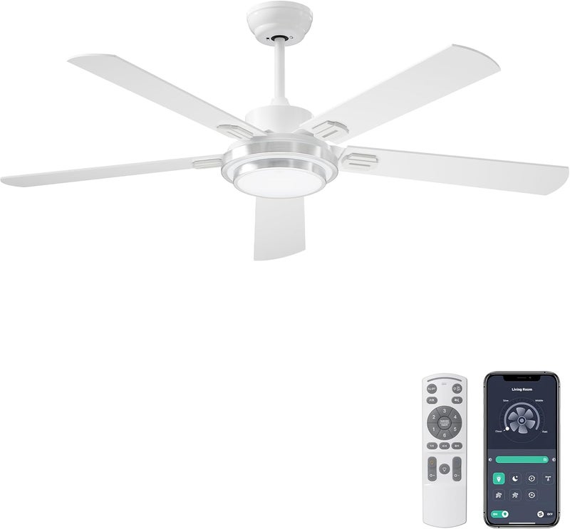 Ohniyou 52 Inch Ceiling Fan with Light and Remote Control, 6 Speeds Dimmable Light, Reversible DC Motor, Quiet DC Motor, White Farmhouse Ceiling Fan for Indoor Outdoor - Image 1