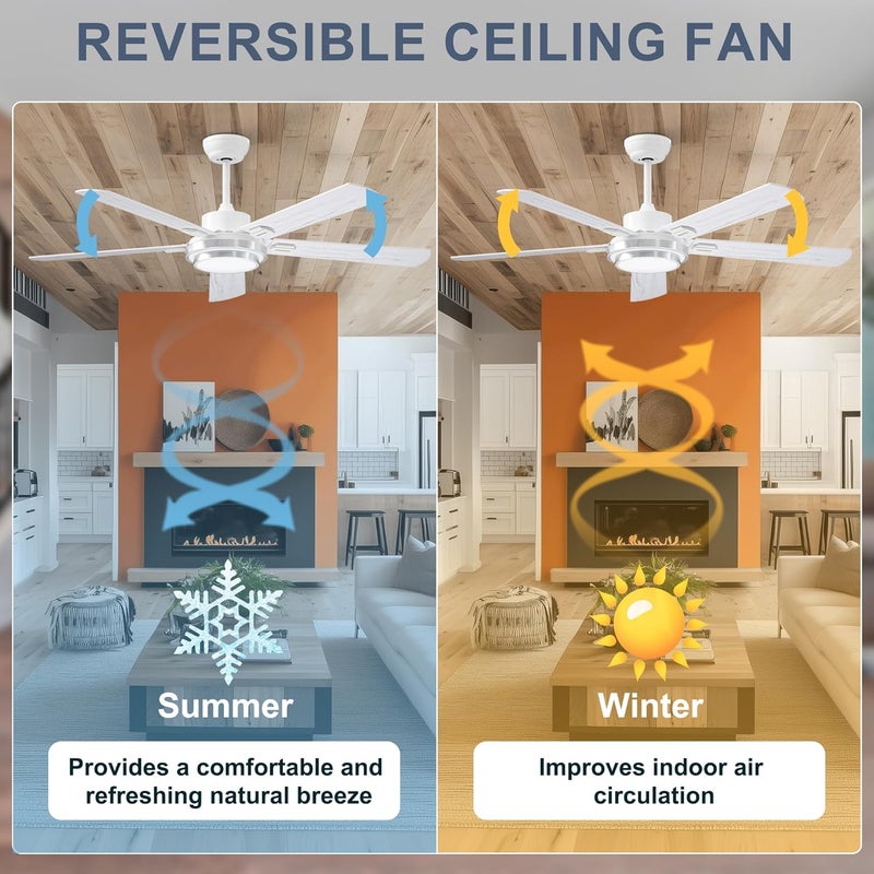 Ohniyou 52 Inch Ceiling Fan with Light and Remote Control, 6 Speeds Dimmable Light, Reversible DC Motor, Quiet DC Motor, White Farmhouse Ceiling Fan for Indoor Outdoor - Image 2