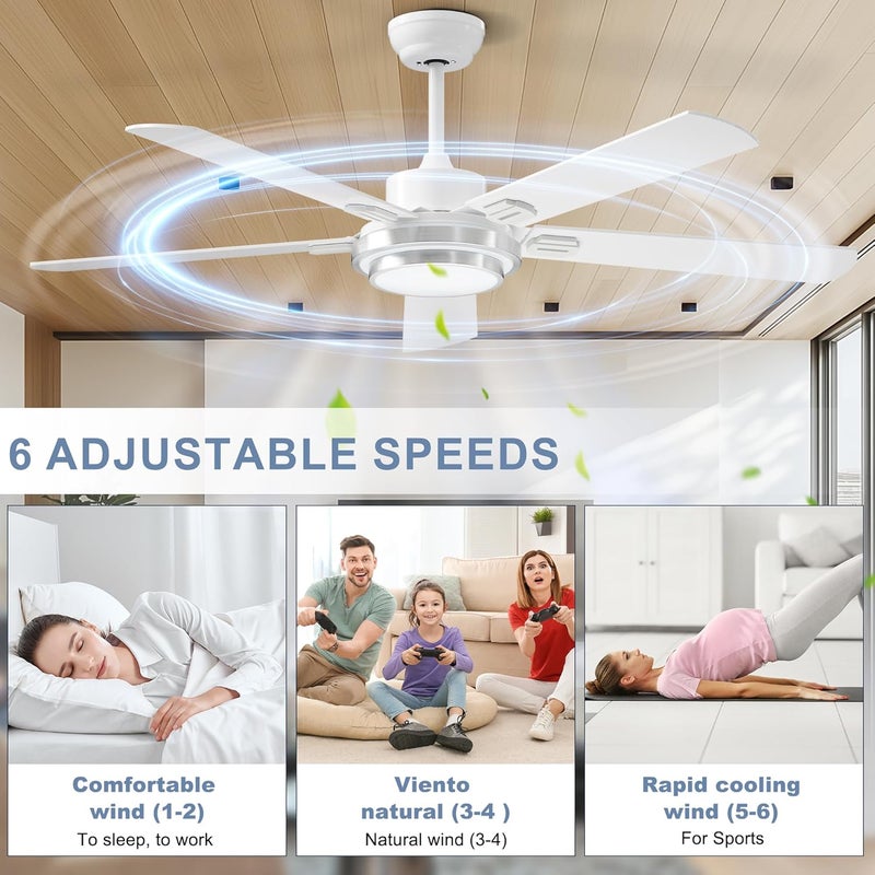 Ohniyou 52 Inch Ceiling Fan with Light and Remote Control, 6 Speeds Dimmable Light, Reversible DC Motor, Quiet DC Motor, White Farmhouse Ceiling Fan for Indoor Outdoor - Image 3