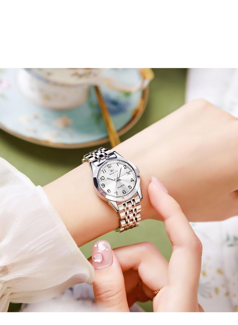 أوليفز ساعة نسائية فستان كلاسيكي ساعة رقمية نسائية تناظرية كوارتز ستانلس ستيل ضد الماء تاريخ مضيء لونين ساعة سهلة القراءة - Image 2