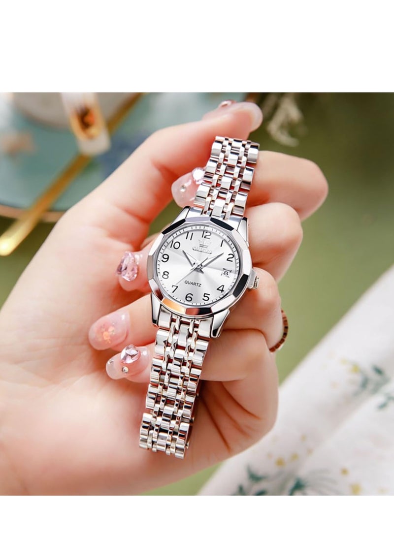 أوليفز ساعة نسائية فستان كلاسيكي ساعة رقمية نسائية تناظرية كوارتز ستانلس ستيل ضد الماء تاريخ مضيء لونين ساعة سهلة القراءة - Image 3