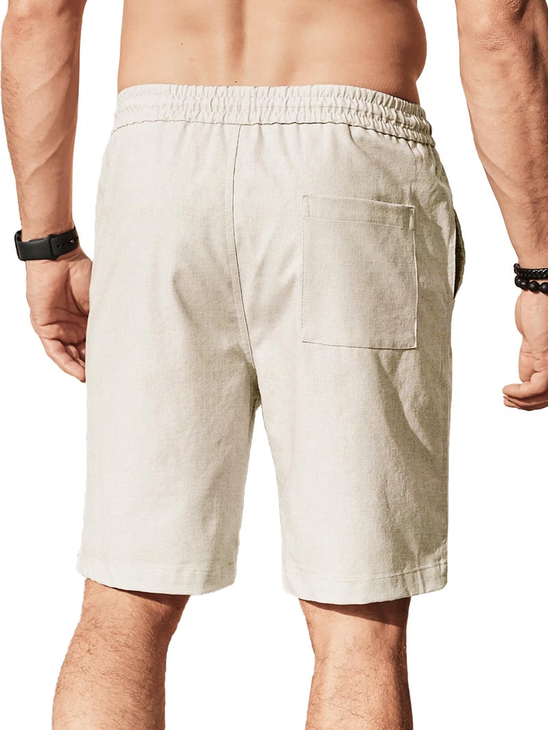 Comdecevis Men's Casual Linen Cotton Shorts Elastic Waist Drawstring Summer Beach Shorts Long Shorts Men, Beige, Large - Image 2
