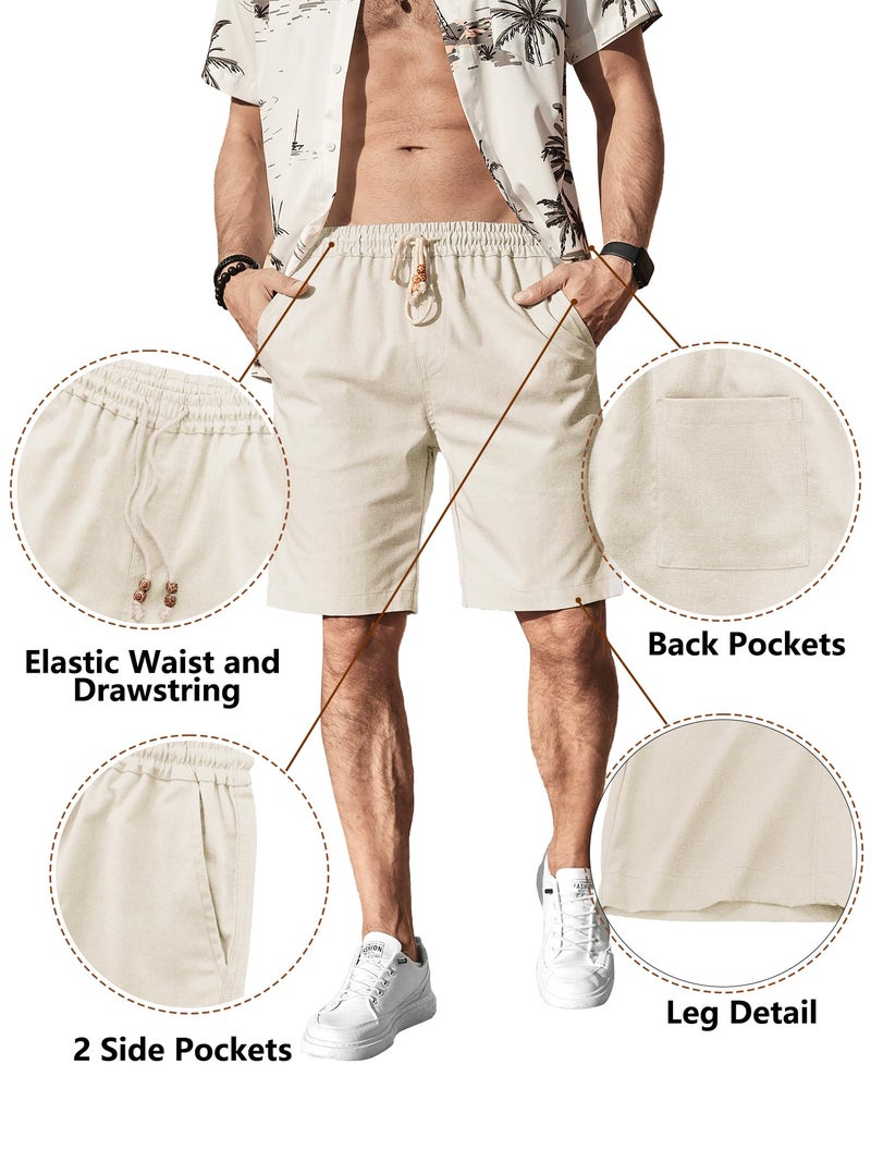 Comdecevis Men's Casual Linen Cotton Shorts Elastic Waist Drawstring Summer Beach Shorts Long Shorts Men, Beige, Large - Image 4